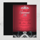 Red Damask & Bow Sweet Sixteen Uitnodiging (Voorkant / Achterkant)