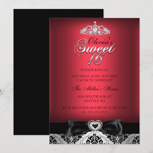 Red Damask & Bow Sweet Sixteen Uitnodiging (Voorkant / Achterkant)