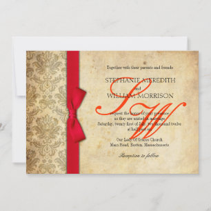 Red Damask  Bow Wedding Invitation Kaart