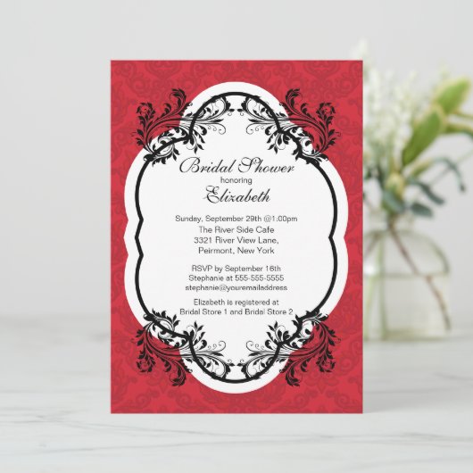  Red Damask Bridal Shower Invitation Kaart (Staand voorkant)