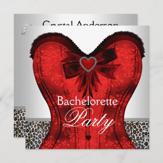 Red Damask Corset Leopard Bachelorette Party Kaart (Voorkant / Achterkant)