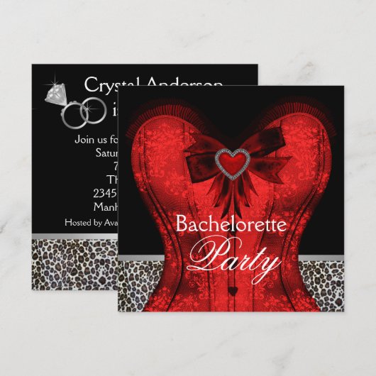 Red Damask Corset Leopard Bachelorette Party Kaart (Voorkant / Achterkant)