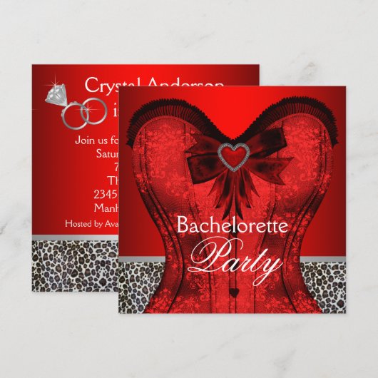 Red Damask Corset Leopard Bachelorette Party Kaart (Voorkant / Achterkant)