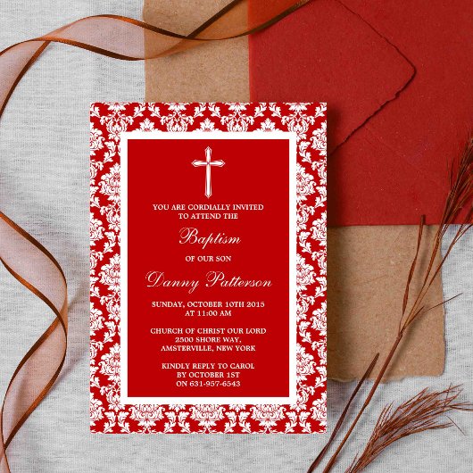 Red Damask Cross Baptisme of Christening Kaart