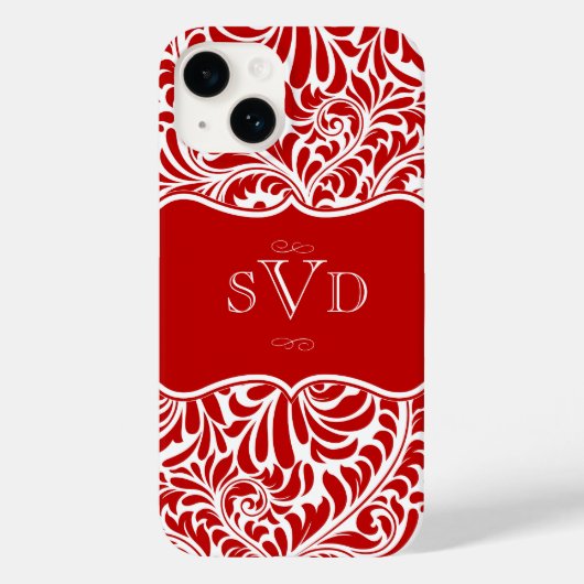 Red Damask Design Monogrammen Custom Hoesje-Mate i Case-Mate iPhone Case (Achterkant)