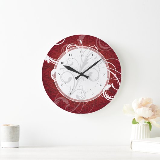 Red Damask Elegant Swirls Grote Klok (Huis)