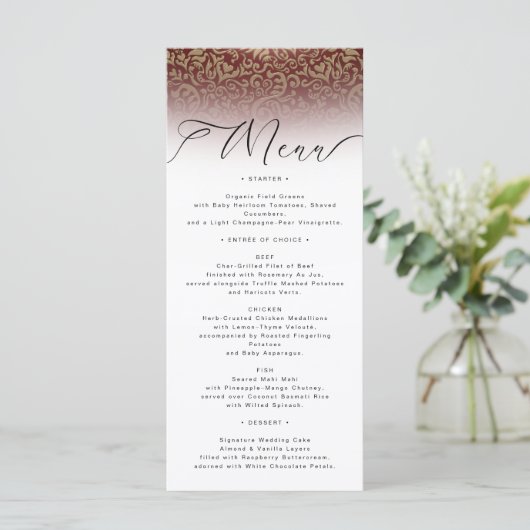 Red Damask Elegant Wedding Menu Kaart (Staand voorkant)