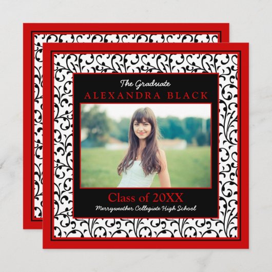 Red Damask Floral Foto Afstuderen Invitation Kaart (Voorkant / Achterkant)