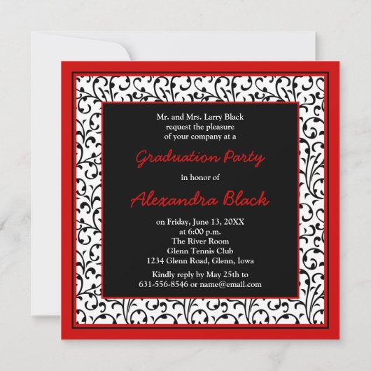 Red Damask Floral Foto Afstuderen Invitation Kaart (Achterkant)
