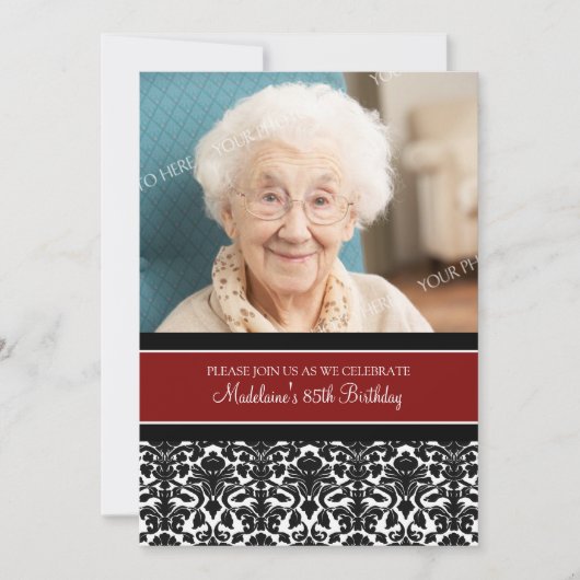 Red Damask Foto 85th Birthday Party Invitations Kaart (Voorkant)
