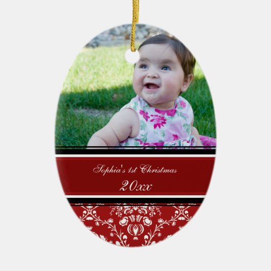Red Damask Foto Baby 1st kerstversiering Keramisch Ornament (Voorkant)