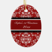 Red Damask Foto Baby 1st kerstversiering Keramisch Ornament (Achterkant)