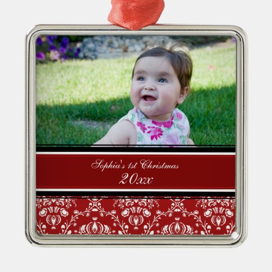 Red Damask Foto Baby 1st kerstversiering Metalen Ornament (Voorkant)