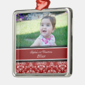 Red Damask Foto Baby 1st kerstversiering Metalen Ornament (Links)