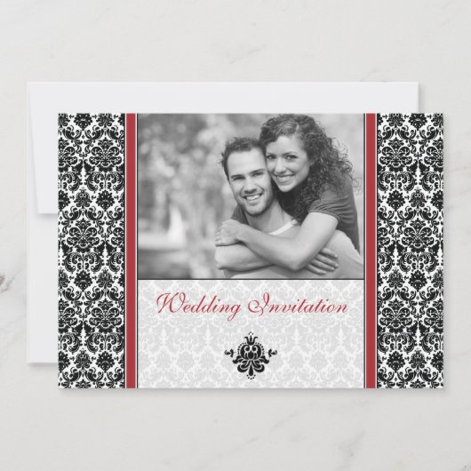 Red Damask Foto Wedding Invitation Kaart (Voorkant)