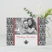 Red Damask Foto Wedding Invitation Kaart (Staand voorkant)