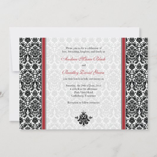 Red Damask Foto Wedding Invitation Kaart (Achterkant)