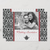 Red Damask Foto Wedding Invitation Kaart (Voorkant / Achterkant)