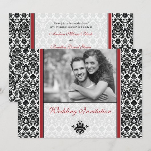Red Damask Foto Wedding Invitation Kaart (Voorkant / Achterkant)
