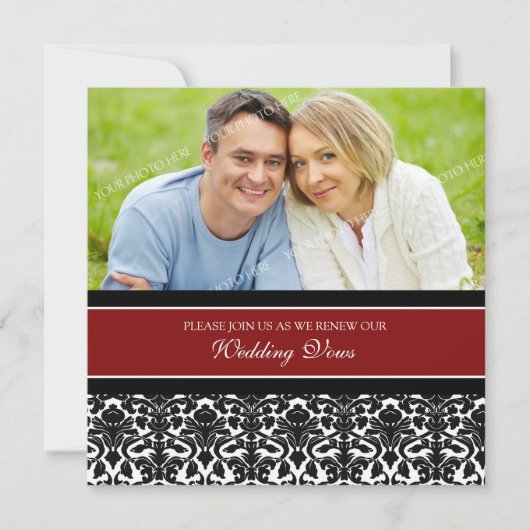 Red Damask Foto Wedding Vow Renewal Uitnodigingen (Voorkant)