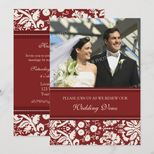 Red Damask Foto Wedding Vow Renewal Uitnodigingen (Voorkant / Achterkant)