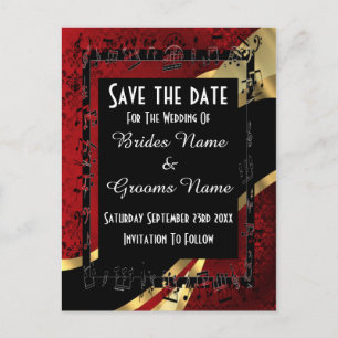 Red damask gold en black save the date aankondigingskaart