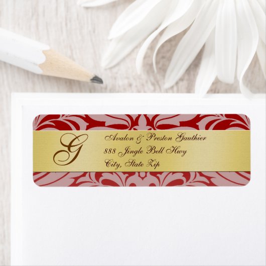 Red Damask Gold Monogram kerstAdresetiketten Etiket (Insitu)