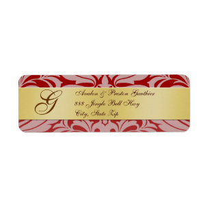 Red Damask Gold Monogram kerstAdresetiketten Etiket