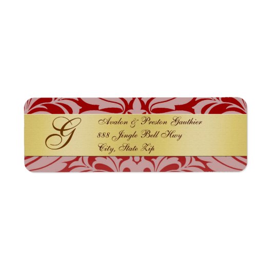 Red Damask Gold Monogram kerstAdresetiketten Etiket (Voorkant)