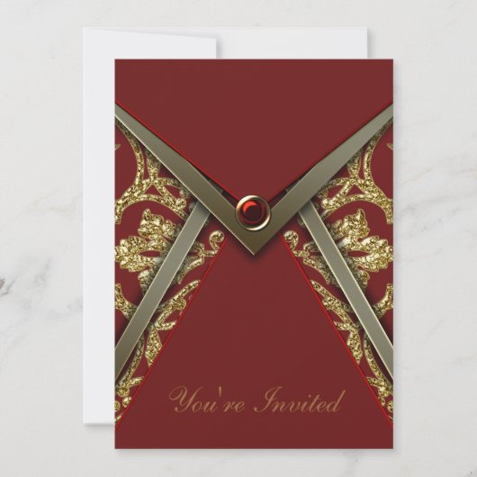 Red Damask Gold Party Invitation Sjabloon Kaart (Voorkant)