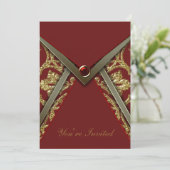 Red Damask Gold Party Invitation Sjabloon Kaart (Staand voorkant)
