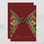 Red Damask Gold Party Invitation Sjabloon Kaart (Voorkant / Achterkant)