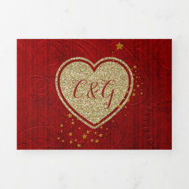 Red Damask Gouden Hart Alles In Een Huwelijk Drieluik Uitnodiging