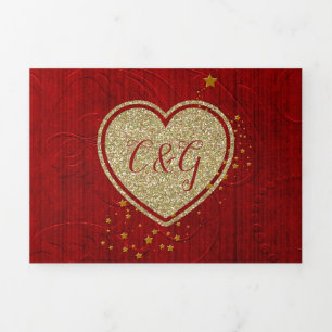 Red Damask Gouden Hart Alles In Een Huwelijk Drieluik Uitnodiging