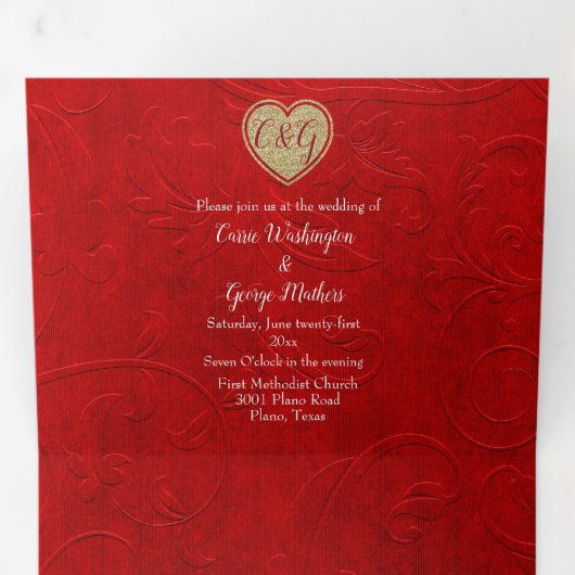 Red Damask Gouden Hart Alles In Een Huwelijk Drieluik Uitnodiging (Binnenzijde eerst)