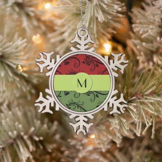Red Damask, Green Damask, Monogram Tin Sneeuwvlok Ornament (Boom)