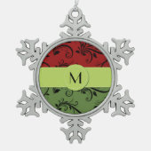 Red Damask, Green Damask, Monogram Tin Sneeuwvlok Ornament (Voorkant)