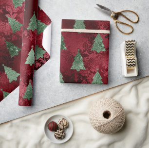 Red Damask Green Metallic Kerstfeestdag Cadeaupapier
