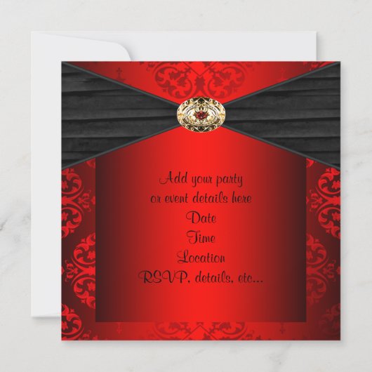 Red Damask Holiday Black Stropdas Party Kaart (Achterkant)