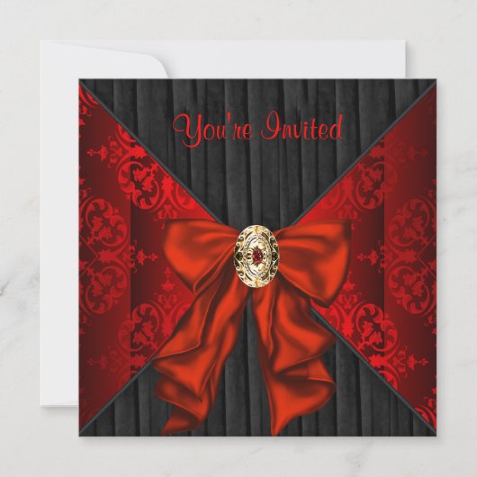 Red Damask Holiday Black Stropdas Party Kaart (Voorkant)
