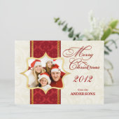 Red Damask-kerstfotokaart Feestdagenkaart (Staand voorkant)