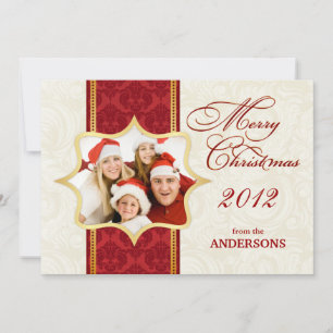 Red Damask-kerstfotokaart Feestdagenkaart