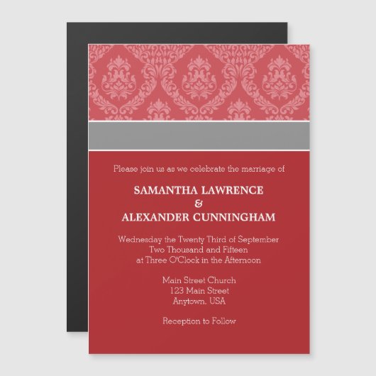 Red Damask Magnetic Wedding Invitation Magnetische Uitnodiging (Voorkant / Achterkant)