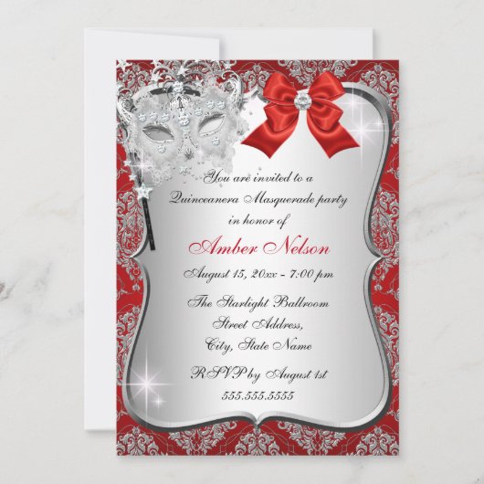Red Damask Masquerade Invite Quinceanera Masquerad Kaart (Voorkant)