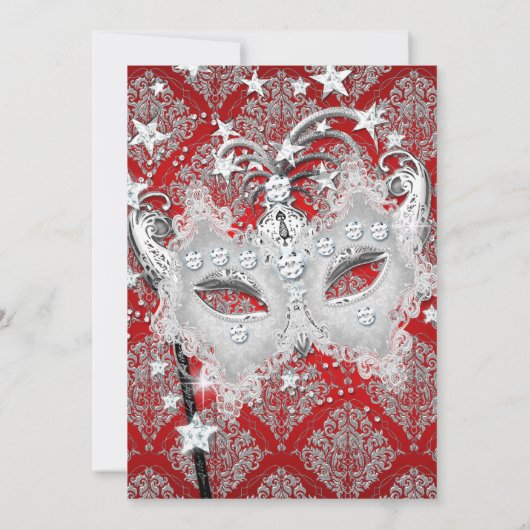 Red Damask Masquerade Invite Quinceanera Masquerad Kaart (Achterkant)
