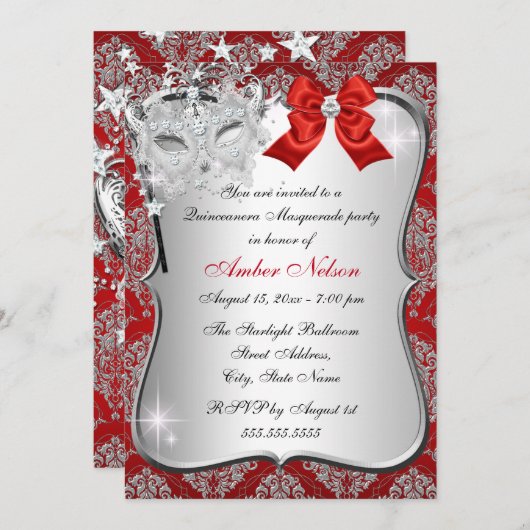 Red Damask Masquerade Invite Quinceanera Masquerad Kaart (Voorkant / Achterkant)