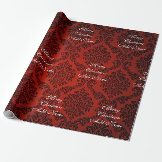 Red Damask Merry kerst met naam Kerstmis Cadeaupapier (Uitgerold)