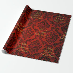 Red Damask met Gold Script, prettige kerst Cadeaupapier
