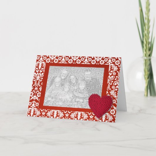 Red Damask met Heart Photo Lijst Kaart (Voorkant)