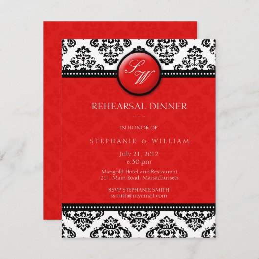 Red Damask Monogram repetitie Dinner Kaart (Voorkant / Achterkant)